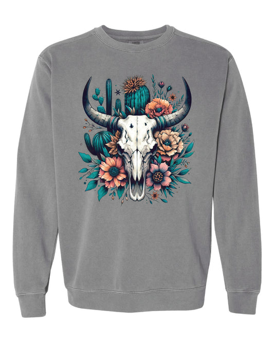 Comfort Colors Floral Skull Sweatshirt - Grey