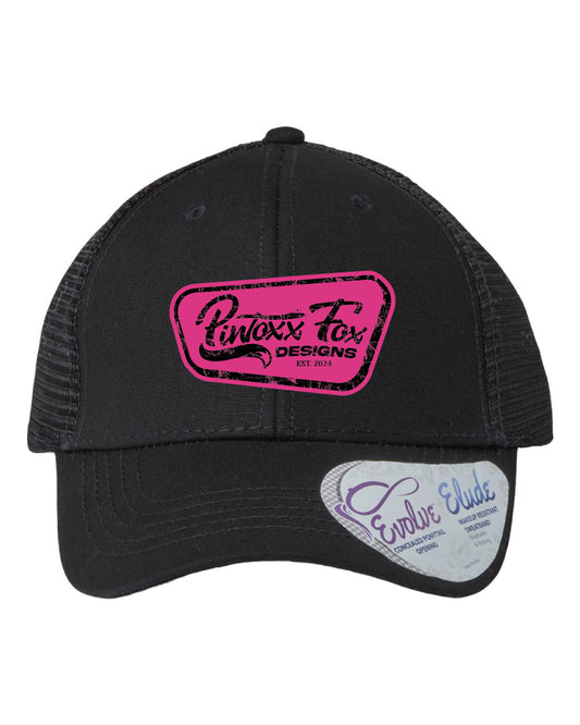 Black/Black Infinity Her Ponytail Hat - Engraved Pink Leather Patch
